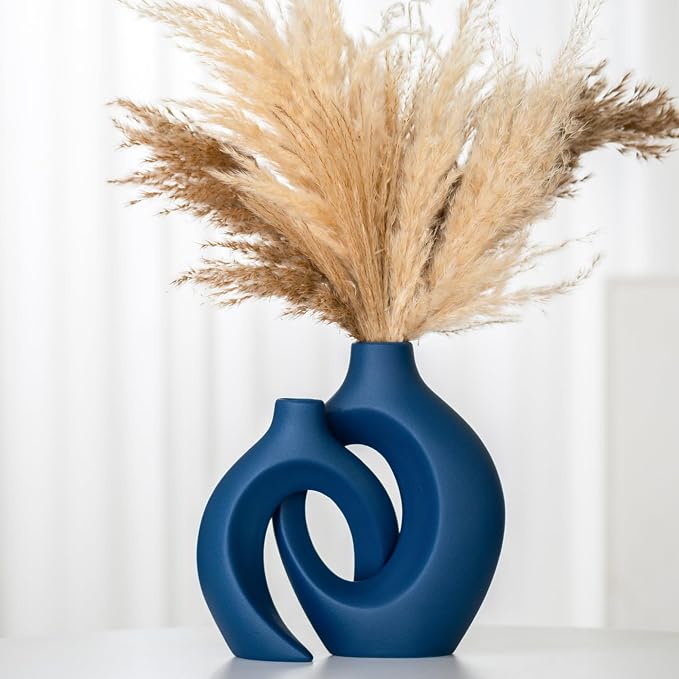Lvases Snuggle Hollow Ceramic Flower Vase of 2, Minimalist Nordic Boho Vase | 8.4" Matte Navy Blue Home Decor Vase for Modern Aesthetic Ins Style Living Room Coffee Table Centerpieces Pampas Grass Dec