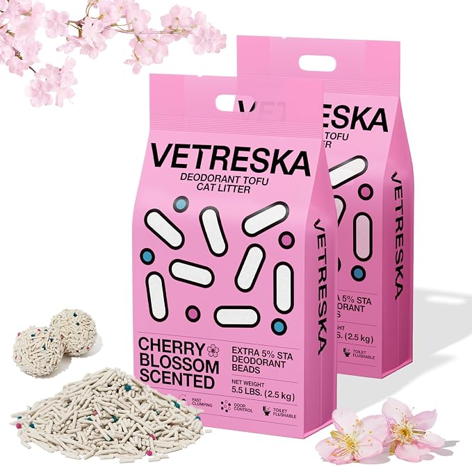 VETRESKA Cherry Blossom Tofu Cat Litter, Odor Control, 5.5lb×2bags | Natural Kitty Litter Strong Clumping Flushable Cat Litter Pellet Ultra Absorbent,Dust-Free,Low Tracking Deodorant Tofu Litter