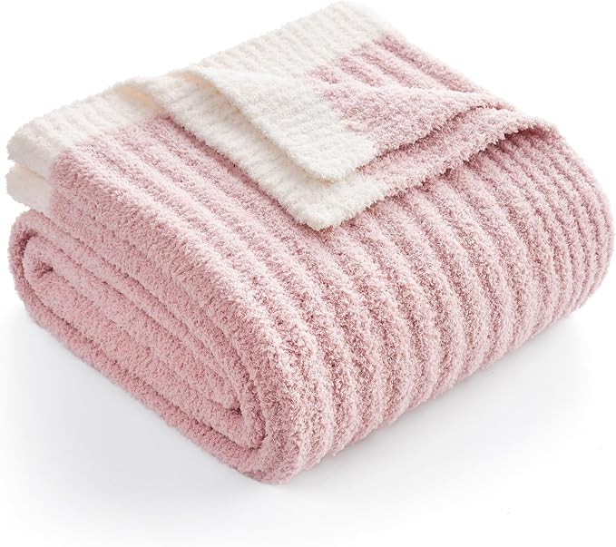 Snuggle Sac Pink Throw Blanket for Couch, Soft Cozy Ribbed Fluffy Blankets for Women, Warm Microfiber Knit Cute Throws for Girls Daughter Women Gifts for Mom, Pink, 50x70 inches