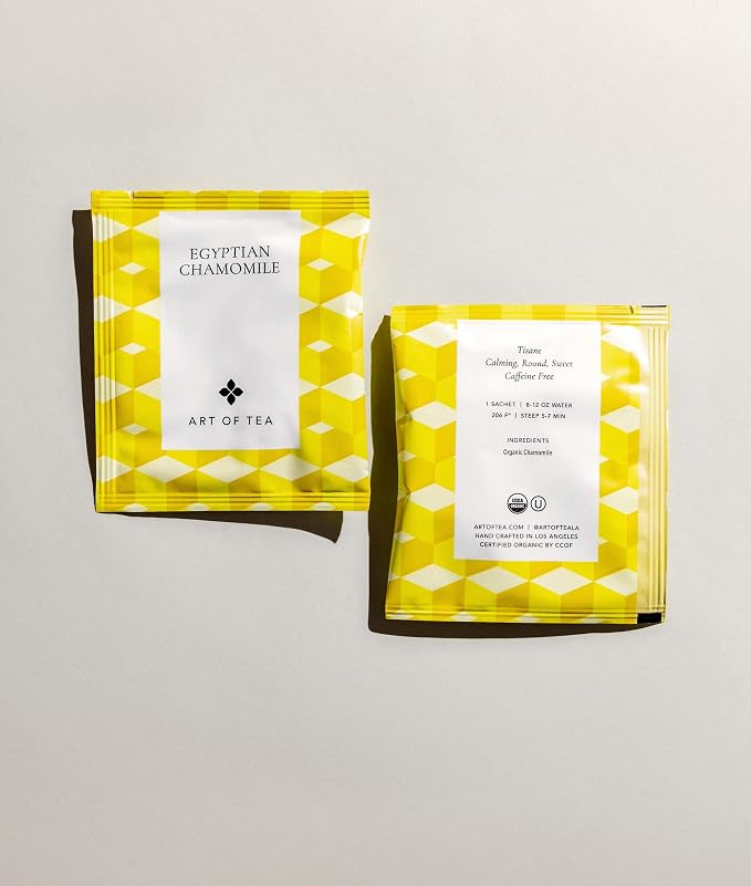 Art of Tea Organic Egyptian Chamomile Tea Bags 50 Count, Premium Whole Leaf Herbal Tea, Naturally Caffeine Free Tea, Pyramid Sachets, Organic Chamomile Tea for Bedtime