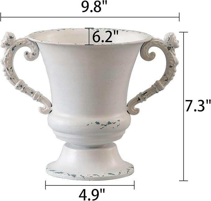 SOFE Distressed White Metal Vase, Decorative Flower Vase 7 Inch Tall | Small Urn Planter for Wedding Home Decor, Ideal Shelf Decor, Living Room Dining Room, Kitchen Office Table Centerpieces