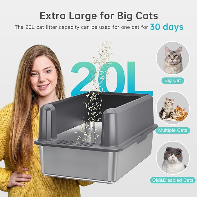 Stainless Steel Litter Box, Open Top High Sided Cat Litter Box for Big Cat | XL, 1 Scoop, Anti-Urine Leakage, Non-Stick Odor-Free, Easy Clean, High Sides Block Spray, Reduce Litter Tracking, Durable
