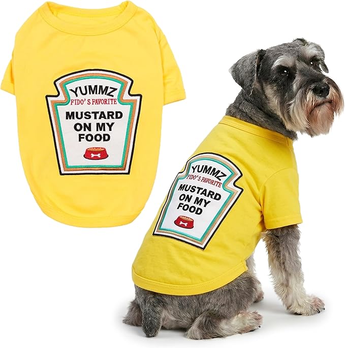 Parisian Pet Dog Costume - 100% Cotton Yellow Dog Clothes for Large Dogs - Lightweight Puppy Outfits - Funny French Bulldog Clothes - Sleeved Mustard Shirt for Dogs - Stretchy Pet Costume
