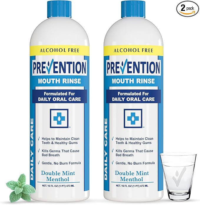 Prevention Daily Care Alcohol-Free Mouthwash, Hydrogen Peroxide Teeth Whitening with Soothing Double Mint for Bad Breath Treatment, Fluoride-Free Gum Care Oral Mouth Rinse 16 oz 2 Pack