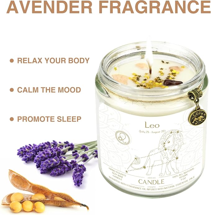 Leo Zodiac Crystal Candles - Astrology Gifts for Women, Scented Candle Jar for Birthday or Sister Zodiac Gift