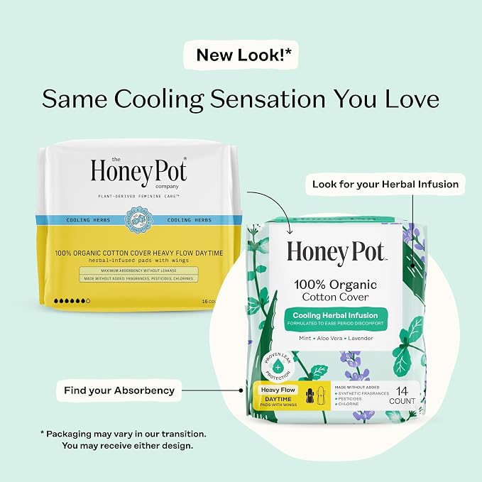 The Honey Pot Company - Herbal Sanitary Pads for Women - Heavy Flow w/Wings - Infused w/Essential Oils for Cooling Effect & Organic Cotton Cover - Feminine Care - 14 ct