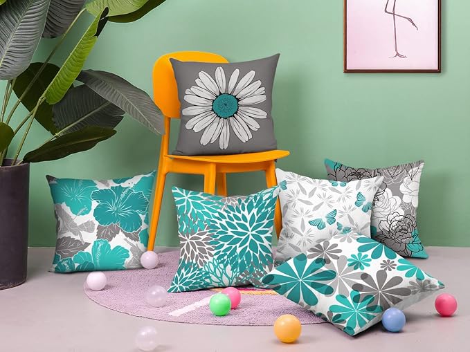 Teal Grey Throw Pillow Covers 16x16 Set of 6, Spring Floral Home Decor | teal floral, decorative cushion cover, Breathable Linen, Accent pillow, chair, small Sofa, spring summer farmhouse Decor