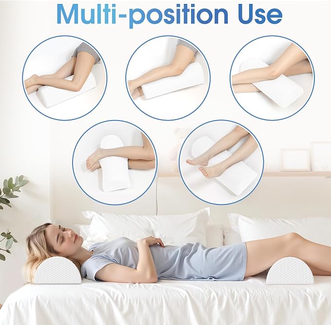 TranquilRelax 2 Pack Knee Pillow for Back Sleeping Memory Foam Half Moon Bolster Pillow for Legs, Under Knee Support, Ankle & Foot Comfort Orthopedic Pillow for Side Sleepers, White