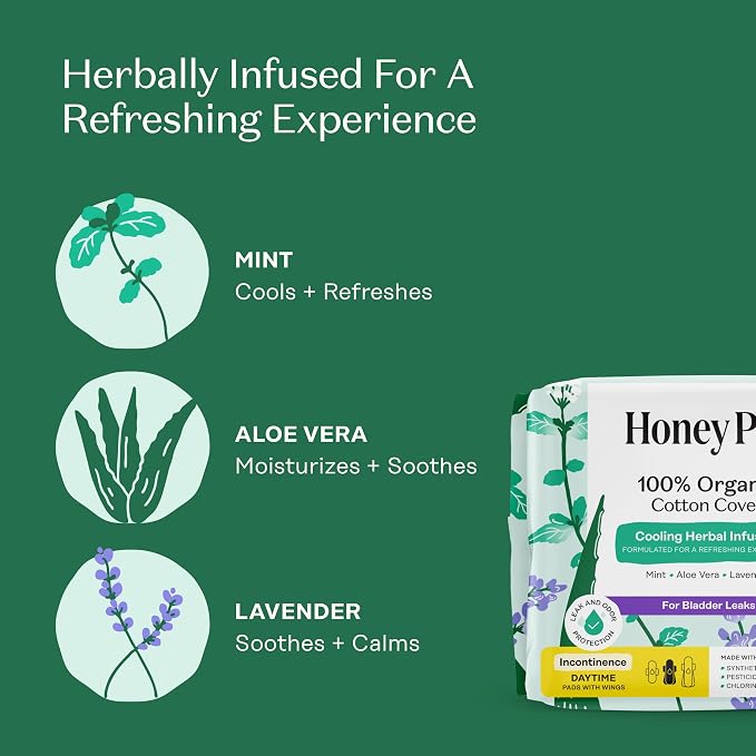 The Honey Pot Company - Herbal Pads for Women - Organic Incontinence Daytime w/Wings. Infused w/Essential Oils for Cooling Effect & Postpartum Essentials - Feminine Care - 16ct.