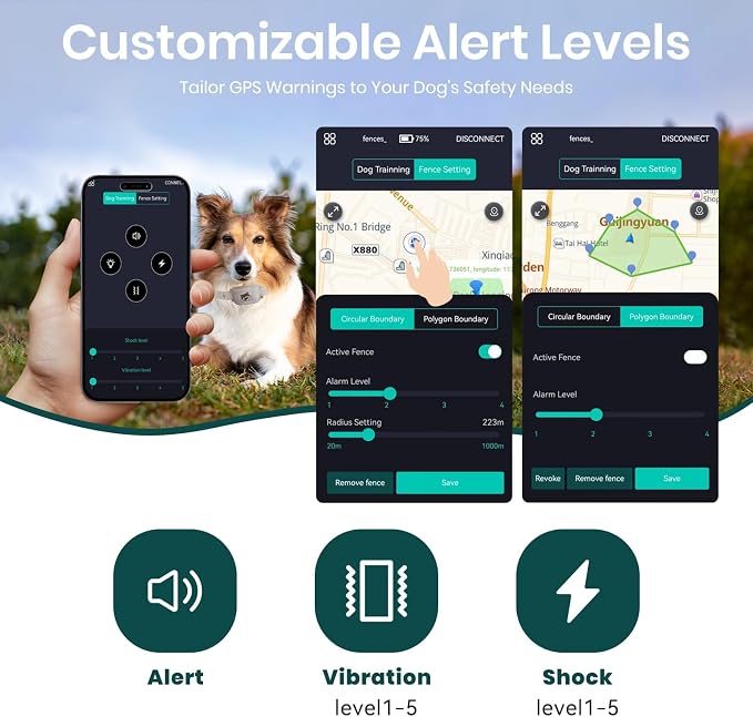 GPS Dog Fence, Wireless Training Collar- No Subscription Required, Customizable Boundaries via App 3280 FT, IPX7 Waterproof Rechargeable Collar, Smart Training Fence, Automatic Sleep/Wake
