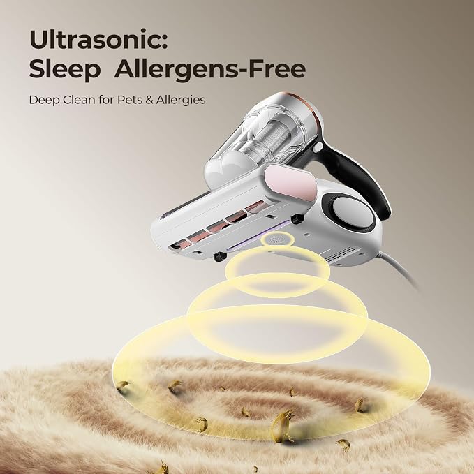 JIGOO J300 Bed Vacuum Cleaner, Dust Sensor, Pet Hair, UV and Heat, Corded | Mattress vacuum cleaner with 500W motor, 13Kpa suction, UV-C light and 130°F heat for pet hair on beds, sofas, White