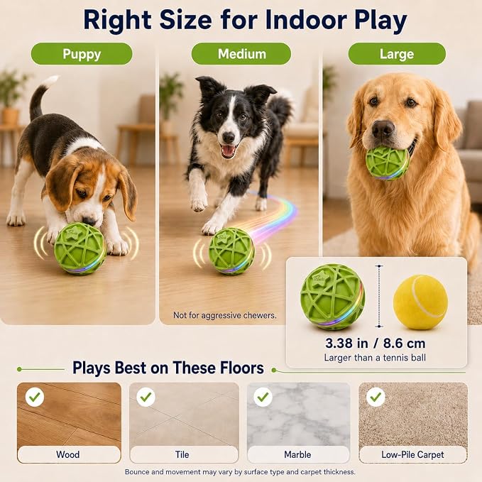 Interactive Dog Ball Toy,Motion-Activated,Rolling&Bouncing,RGB Light