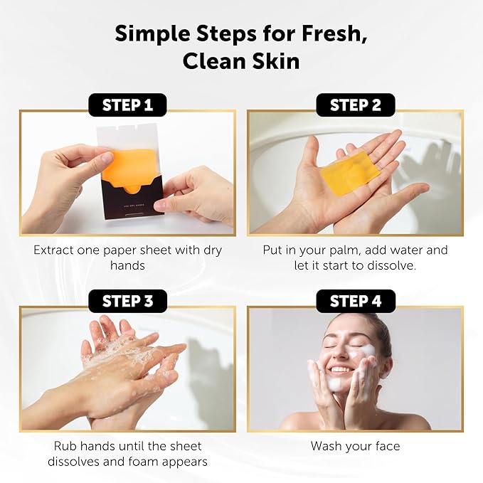 VALITIC Turmeric Kojic Acid Cleansing Soap Melting Sheets - Dark Spot Corrector Paper Soap - 100 Travel Size Facial Exfoliating Sheets With Vitamin C, Retinol, Collagen - 3 Pack