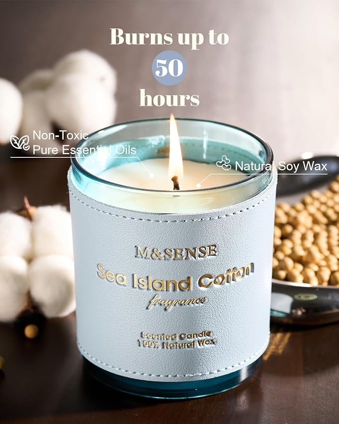 M&SENSE Summer Sea Scented Candles | Vegan Soy Wax, 10oz 42-Hour Burn, Non-Toxic Clean Burn, Fresh Linen Cotton Scents, Relaxing Aromatherapy