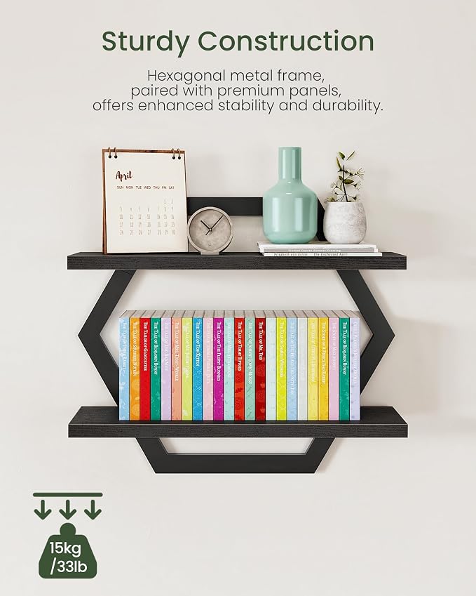 Hexagon Floating Shelves for Wall, Set of 2, 2 -Tier Hanging Shelves, Wall Mounted Storage Shelves, for Living Room, Bedroom, Kitchen, Home Office, Study, Black TBJ06P2BB