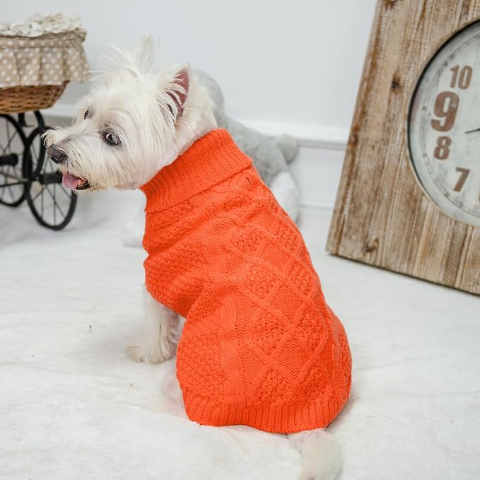 Mihachi Turtleneck Dog Sweater - Winter Coat Apparel Classic Cable Knit Clothes with Leash Hole for Cold Weather, Ideal Gift for Pet in New Year Orange X-Small