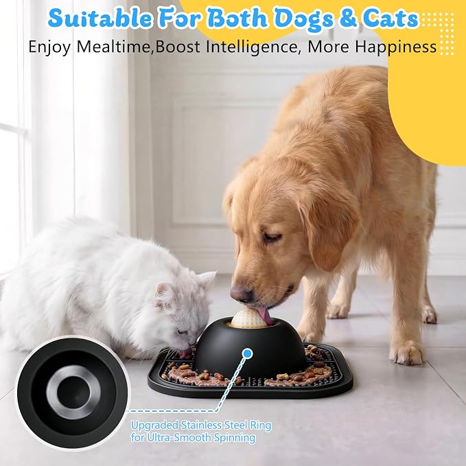 Slow Feeder Dog Bowls & Lick Mat for Liquid and Thick Treat, Anti-Slip Dog Lick Bowl with Interactive Rolling Ball, 5/6 Cup Pup Licking Toy for Large Medium Small Dogs and Cats-Large Black