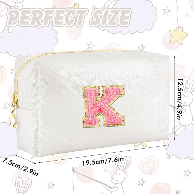 URSKYTOUS Initial Makeup Bag Personalized Preppy Travel Small Cosmetic Bag Cute PU White Chenille Letter Makeup Pouch for Purse Waterproof Zippered Toiletry Organizer for Women Girls Kids Friends (K)