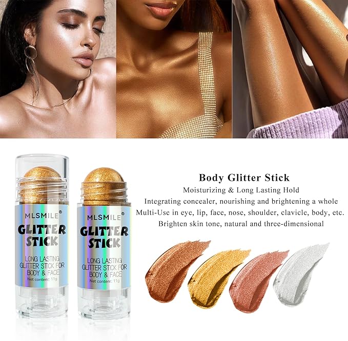 Gold Body Glitter Stick, Multi-Use Highlighter Makeup, Long Lasting Glitter Stick for Body & Face Eyes Lip, Glitter Sparkling Mermaid Sequins for Women, Great for Daily, Festival, Party