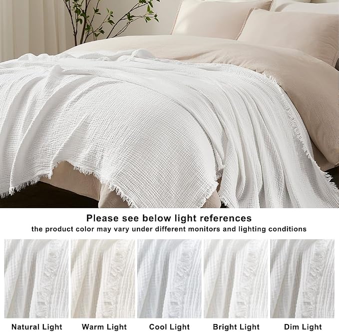 WDCOZY 100% Cotton Muslin Blanket Oversized King 4-Layer for Bed Breathable Lightweight Soft Large Boho Farmhouse Linen Tassels Ruffle Gauze Blankets All Season for Adults 102x120 Inches White