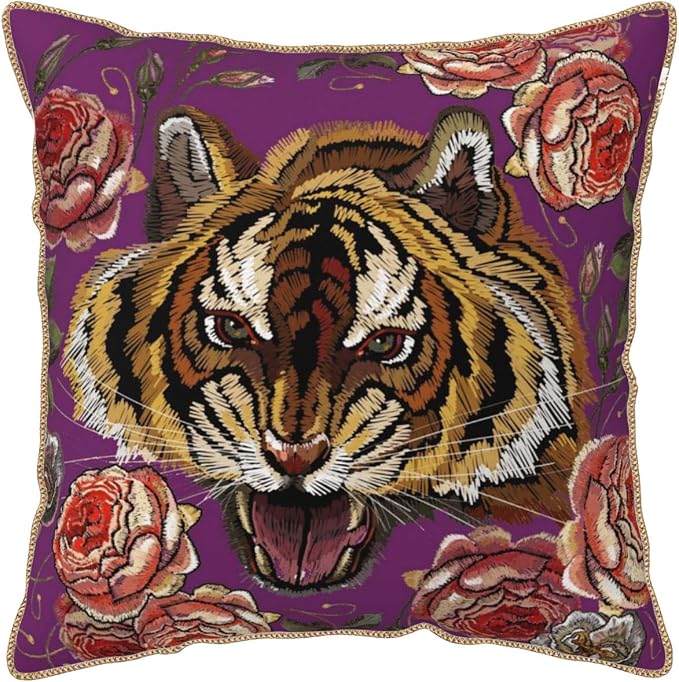 Tiger Flower Purple Velvet Pillow Covers 20x20 Inch Pink Floral Animal Throw Pillows for Couch Cushion Covers Pillowcase Farmhouse Modern Pillow Cases for Sofa Bed Living Room Bedroom