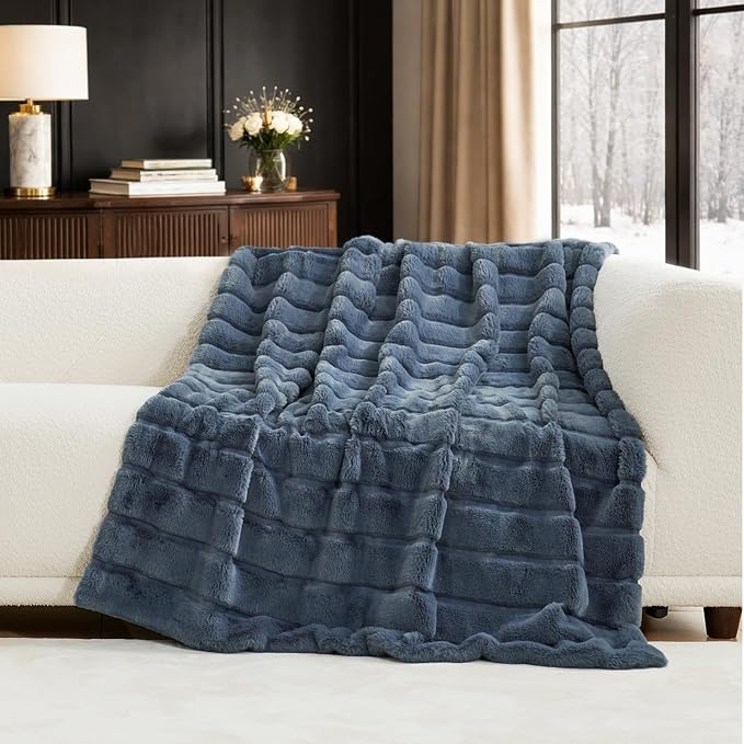 Cozy Bliss Deluxe Sheared Rabbit Faux Fur Throw Blanket, Soft Fuzzy High-Low Sculpted Plush Blanket for Couch, Cozy Home Accent, All Season Use, Blue 50"x60"