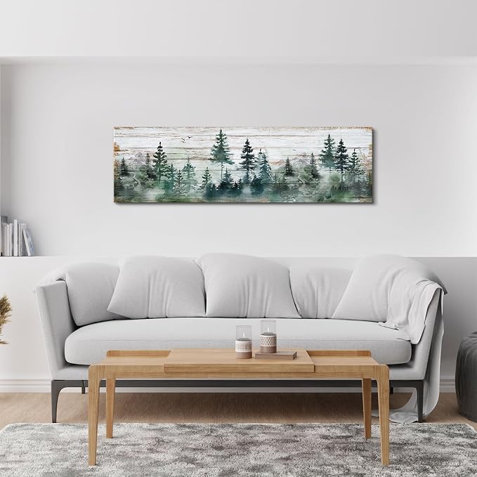 Farmhouse Pine Tree Wall Art Forest Wall Decor Rustic Wood Mountain Picture Canvas Prints for Living Room Kitchen Cabin Home Decor Vintage Woodland Poster Painting Narrow Artwork Decorations 14x48”