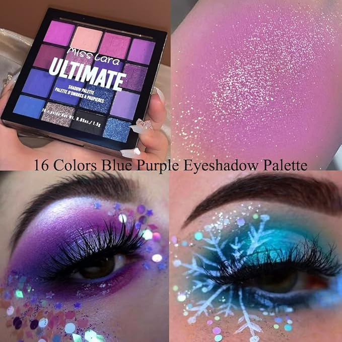 Purple & Blue Eyeshadow - 16 Color Glitter & Matte Eyeshadow Palette, Korean Eyeshadow Makeup Palette, Waterproof & Bright Colours