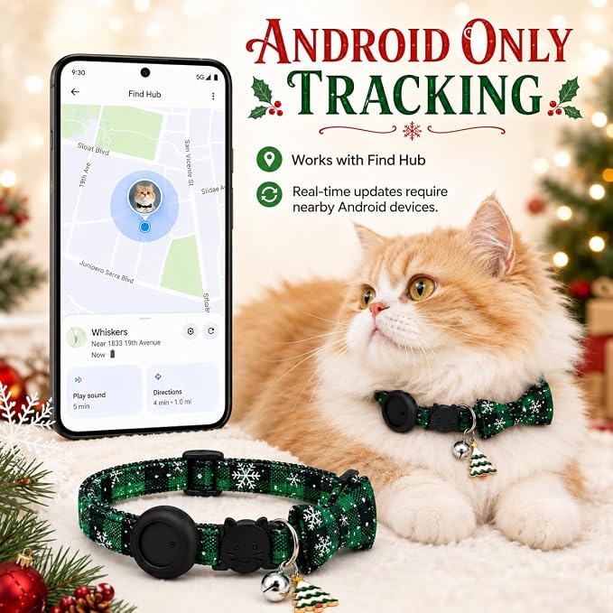 Cat Tracker GPS for Android, Pet GPS Tracker Collar for Cats No Subscription, IP67 Waterproof Cat Collar with Tracker Compatible with Google Find Hub – Replaceable 1-Year Battery, Android Only (Green)