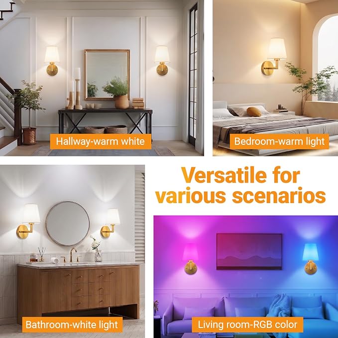 Nekhung Battery Operated Wall Sconce, Peel and Stick Sconces Set of 2 | Wireless Adhesive Stick On Wall Sconce, 10000mAh Rechargeable RGB Bulb with Remote, No Drill Wall Light for Bedroom Decor