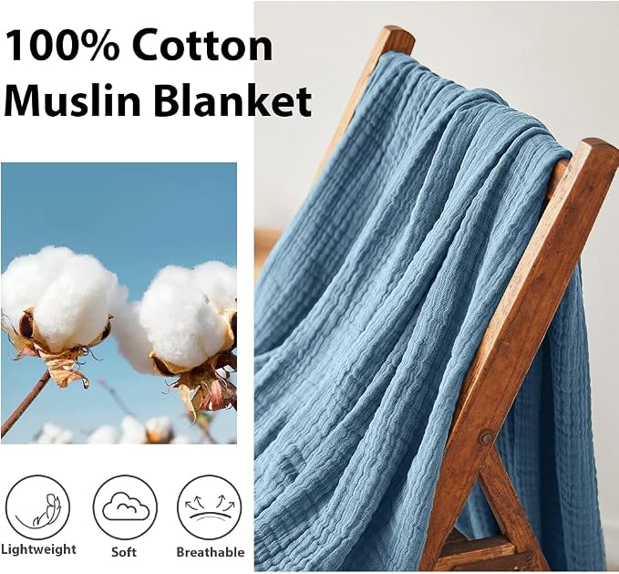 Simple&Opulence Cotton Muslin Throw Blanket for Bed, Couch, Knit Woven Gauze Blanket with Tassels, Soft Lightweight Cozy Pre-Washed Breathable Farmhouse Decoration for All-Season (Dusty Blue)