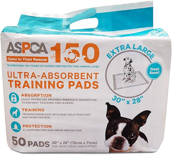 ASPCA Dog Training Pads, XL 28" x 30", Fresh Scent, 50 Count | Scented dog pee pads help control odors with ultra absorbent quick-dry gel, leakproof layers and potty training protection.