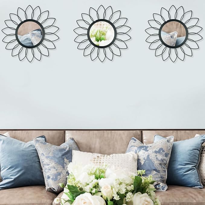 3 Pack Metal Mirrors for Wall Sunburst Wall Mirrors Home Décor Decorative Hanging Wall Art for Living Room Bedroom Entryway (Black, Flowers)