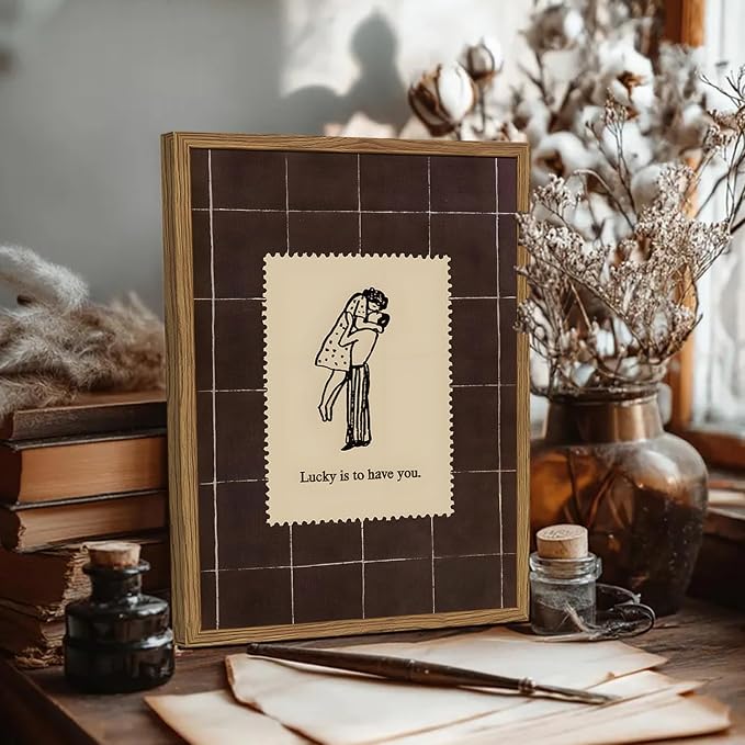 Vintage Love Couples Wall Art, Mid Century Lucky is to Have You Wall Decor Picture Romantic Anniversary Valentine Stamp Poster Canvas Prints for Bedroom Living Room 12x16 inch Wood Framed
