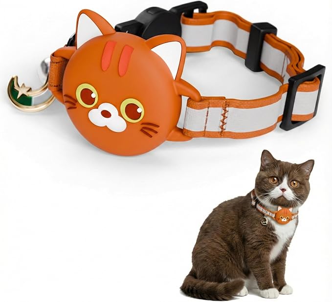 AirTag Cat Collar – Breakaway Reflective & Waterproof Collar with Built-in Holder, Adjustable with Bell for Indoor/Outdoor Cats – AirTag Not Included (Orange)
