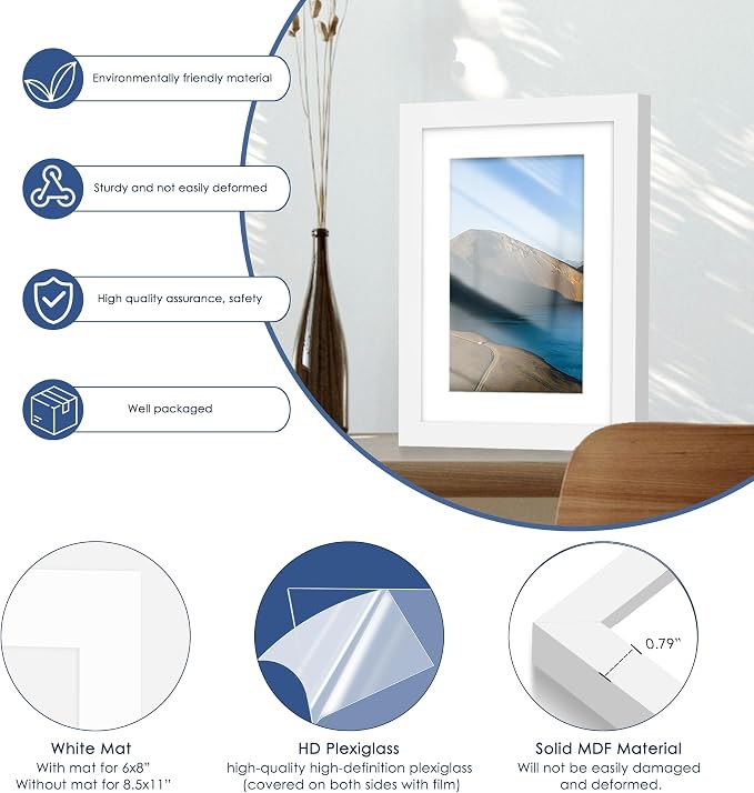5x7 Picture Frame Set of 6, Wall or Tabletop Display, White | Display Pictures 4x6 with Mat or 5x7 Without Mat, Horizontal or Vertical, Gallery Wall Frame Set, Wedding Birthday Gifts