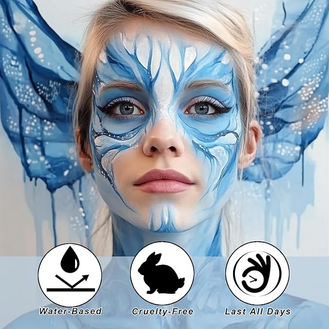 White Light Blue Face Body Paint 1.01oz/pc with 2 Sponges,Water Based Baby Blue Face Paint Kit for Corpse Bride Cosplay Sally Avatar Makeup,Halloween SFX Makeup Cream Face Painting,2.02 oz