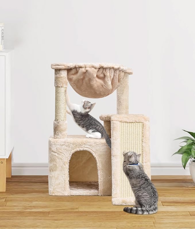SYANDLVY Cat Tree for Indoor Cats Large Adults, Modern Activity Tower with Scratching Posts & Board, Condo with Plush Perch, Climbing Stand with Cradle & Hanging Ball for Play, Beige