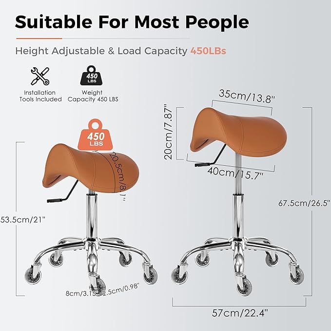 BEWISHOME Rolling Saddle Stool,Height Adjustable Saddle Stool with Wheels,Ergonomic- Comfortable 360 Swivel PU Leather Saddle Chair Seat for Salon, Massage, Clinic, Lab, Office (Camel) BMD01Z