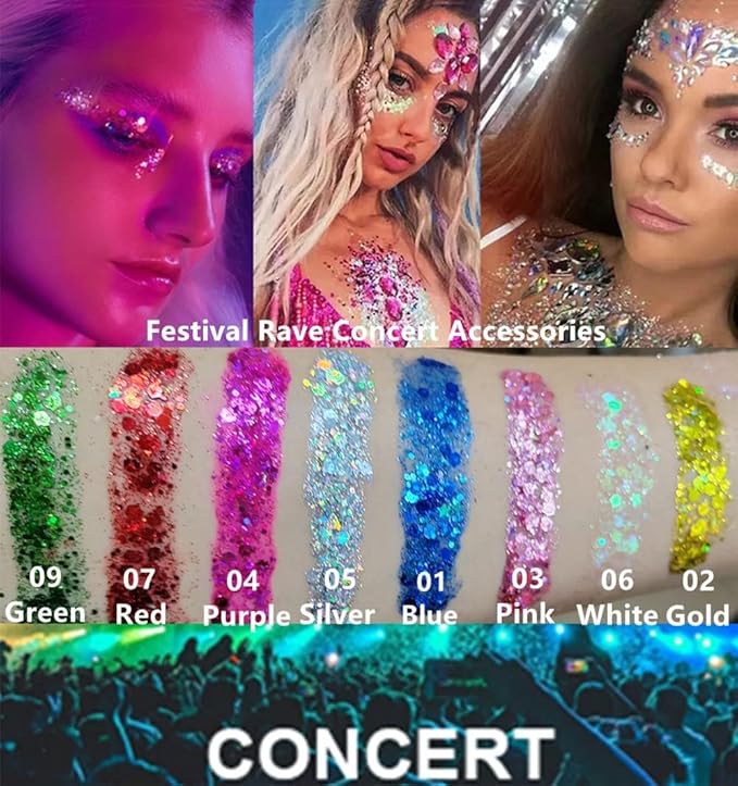 Go Ho White Pink and Silver Face Body Glitter Gel Set,Mermaid Face Paint,Holographic Long Lasting Chunky Sequins Glitter Makeup for Singer Concerts,Halloween Festival Rave Accessories