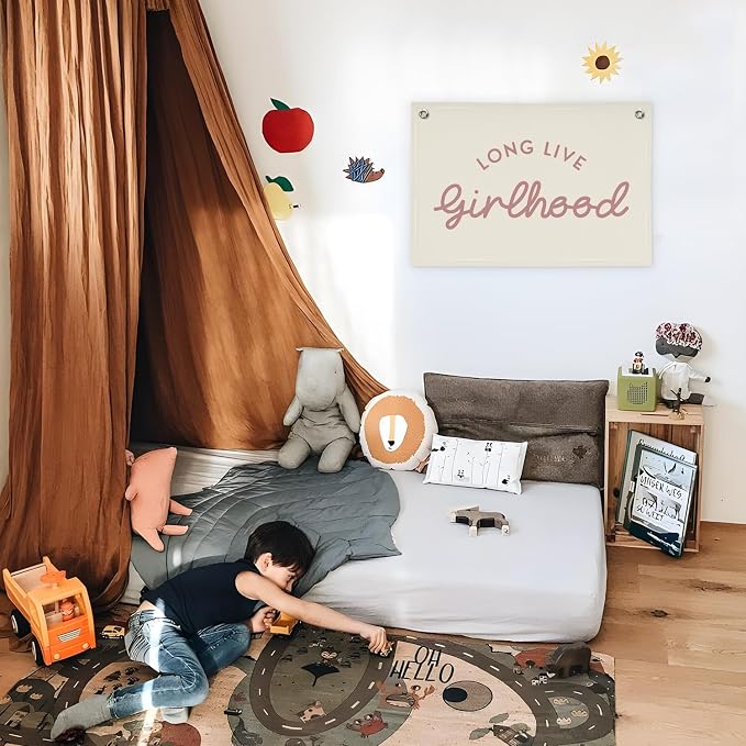 Girls Room Decor Long Live Girlhood Linen Banner Hanging Flag Retro Banner for Nursery Playroom Wall Decor for Kids Bedroom Decorations,Baby shower gifts 30x20 In (Pink Letter)