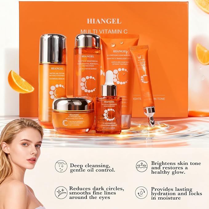 6-Piece Vitamin C Skincare Set for Women, Brightening Face Routine Kit with Lotion & Cream, Anti-Aging & Hydrating Valentine's Gift for Mom, Wife & Her