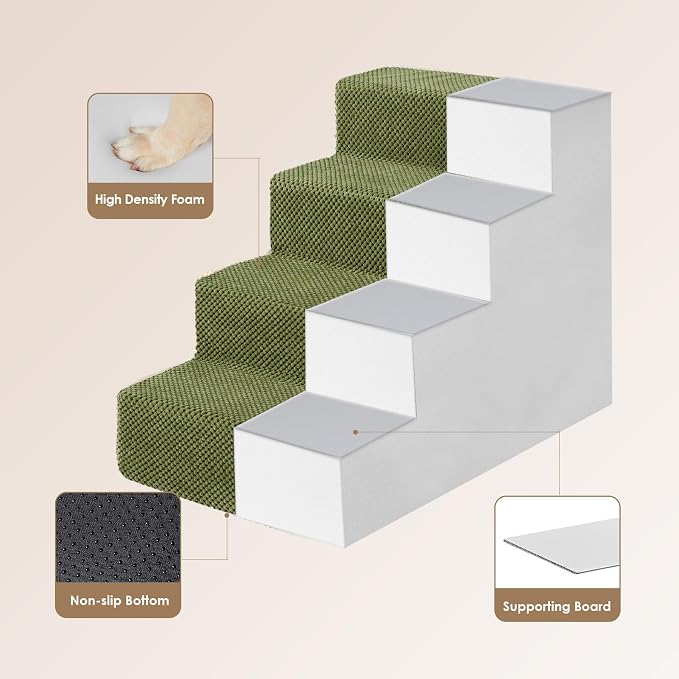 EHEYCIGA Dog Stairs for Bed 18" H, Dog 4-Steps for High Bed, Olive Green | Pet Steps for Small Dogs and Cats, Non-Slip Balanced Pet Ramp Indoor