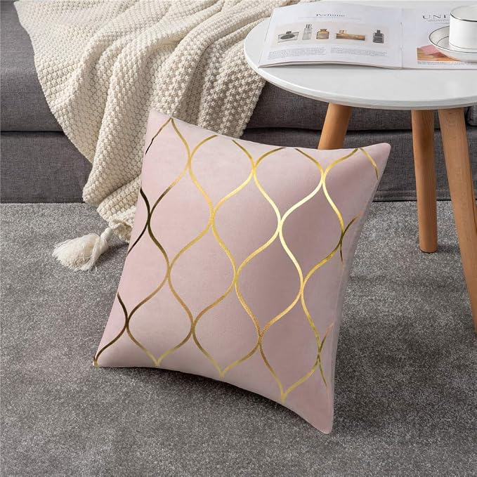 Gold Velvet Throw Pillow Covers: 2 Pack 16x16 Inch Square Decorative Pillow Cases for Bedroom Sofa Couch Living Room, Pink