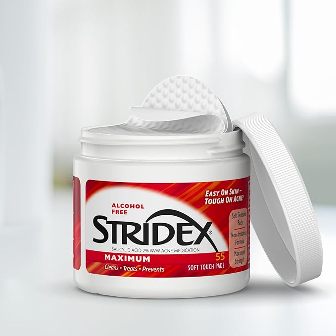 Stridex Medicated Acne Pads, Maximum – Facial Cleansing Wipes, Alcohol Free, Acne's Treatment for Face, For Moderate Acne, Smooth Application, 55 Count (Pack of 2)