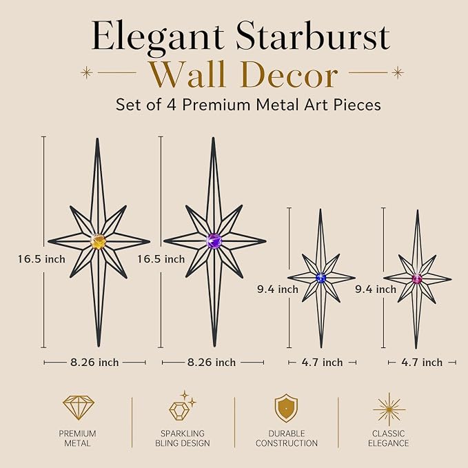 sxnzequnze 4 Pcs Star Wall Art for Home Decor Living Room Bedroom Office Metal 3D,Bling,with Hanging Hook Starburst Midcentury Sculpture Retro Gallery Accent Celestial -Black 16.5in/9.4in