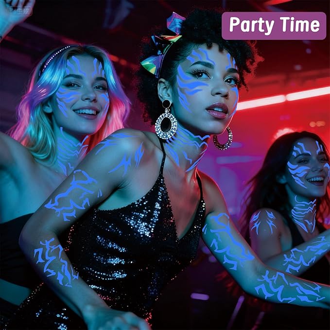 12 PCS Glow in The Dark Cosplay Purple Temporary Tattoos, Dance Fake Tattoos for Cosplay, Halloween, Music Festival, Dance Party Makeup, Fantasy Creature Design, Fantasy Theme Costume Accessories