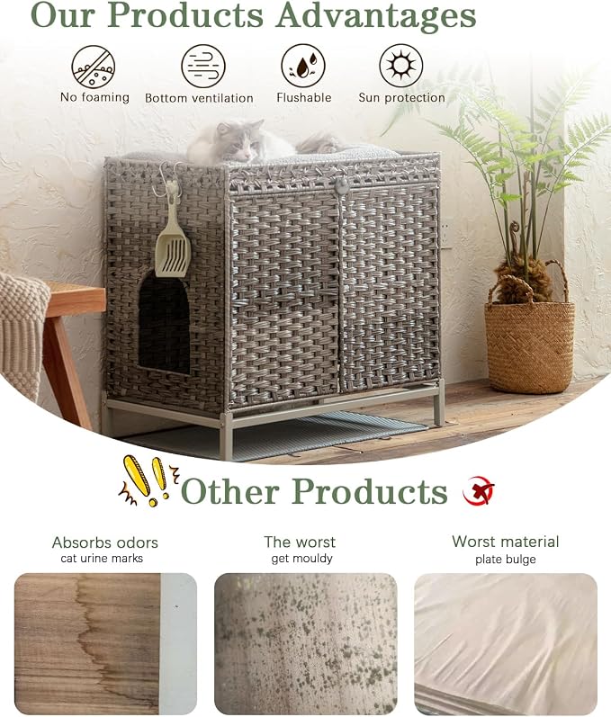 SETVSON Cat Litter Box Enclosure Furniture, Hidden Large Cat House, Gray | Handwoven PE Rattan with Litter Mat, Cat Washroom, Heightened Metal Feet, Double Doors for Easy Clean 30.3 x 18.3 x 28 In