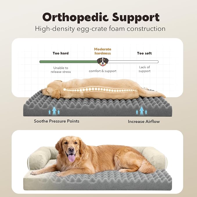 Orthopedic Waterproof Jumbo Dog Bed with Bolster for Extra Large Dogs | Pillow Support for Neck Relief, Egg Crate Foam, Waterproof Liner, Anti-Slip Bottom, Removable Bolster Cover, 53 x 42 Inch