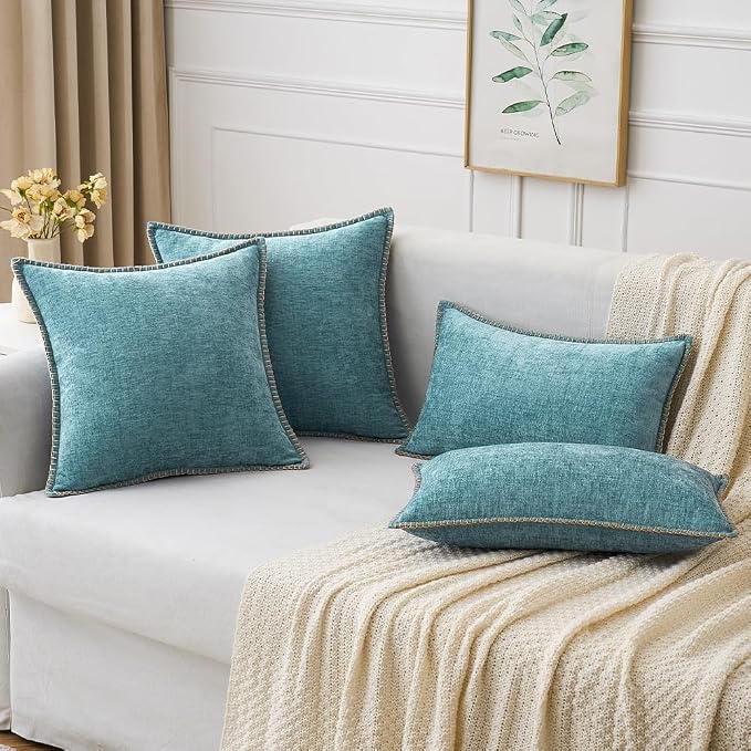 MIULEE Decorative Couch Throw Pillow Covers 18x18 Inch Coastal Aqua Blue | 2 Pack, Farmhouse Pillow Covers with Stitched Edge, Soft Chenille Cushion Cases, for Sofa Bed Living Room Home Decor